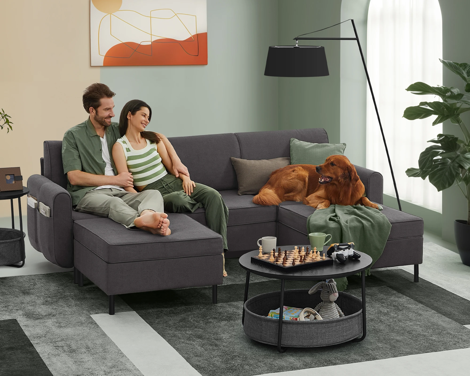 VASAGLE 5 Seat Sectional Sofa Set U Shaped Couch Upholstery Fabric Classic Sofa Multi-function Home Living Room Furniture