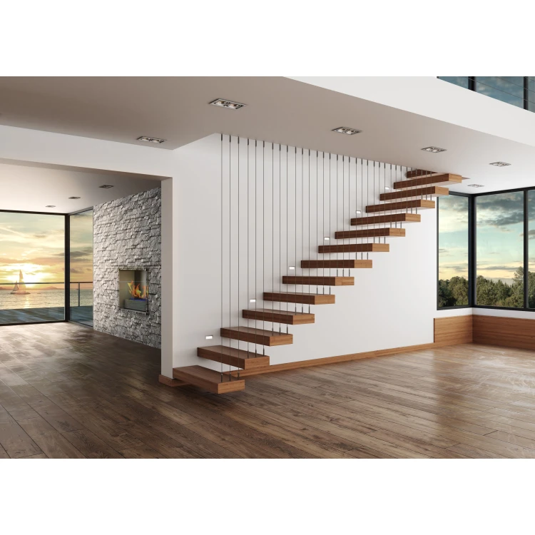 Modern USA Canada Building Standard Metal Steel Beam Staircase Floating Design Solid Wood Smart With Laminated Glass Rod Railing