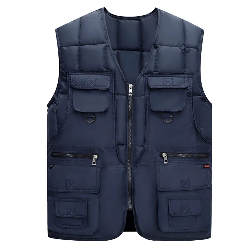 Autumn and Winter Multi Pockets Sleeveless Thick Cotton Waistcoat Zipper Up Plaid Vest for Men