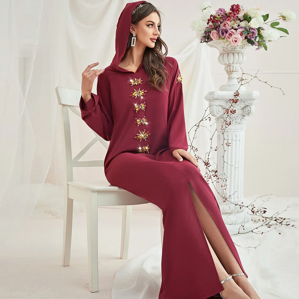 2023 Middle East Traditional Islamic Abaya Robe Hooded Hand Beaded Arab Dubai Jalabiya Muslim Dress for Women