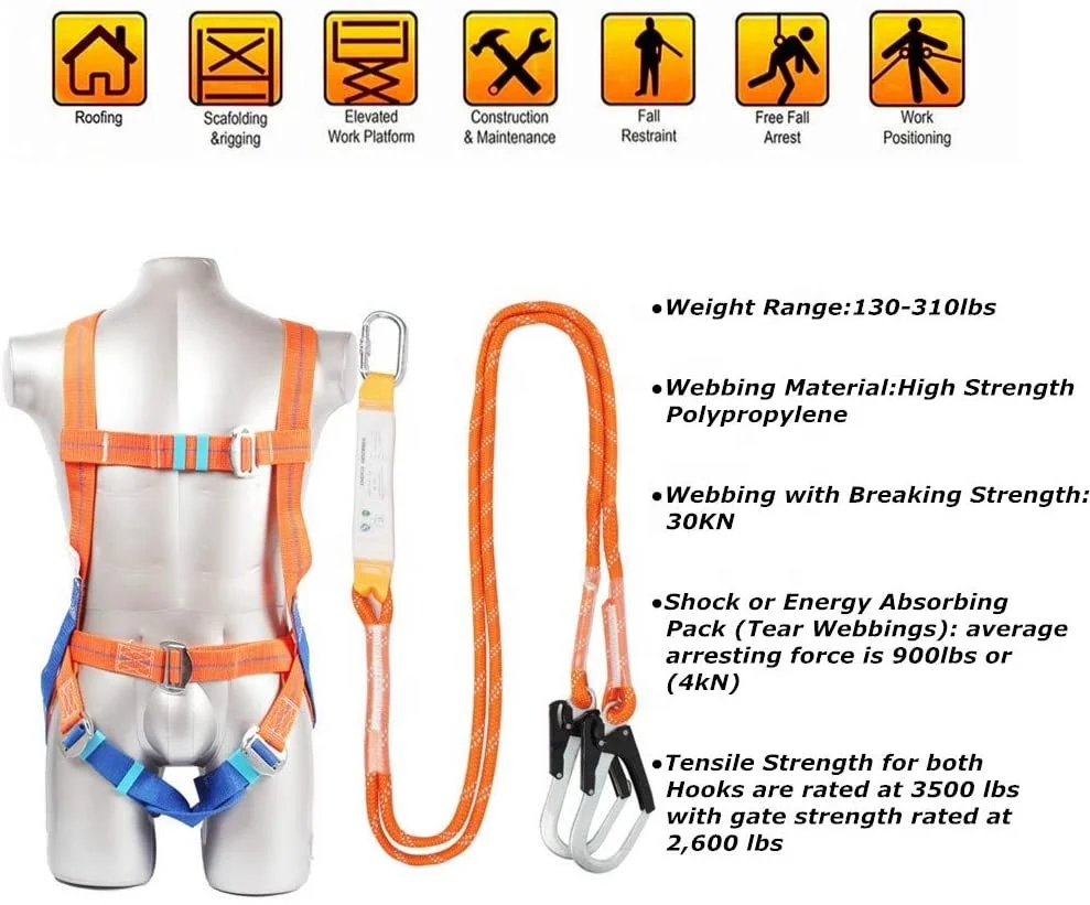Fall Protection Full body safety harness 3 D-ring with double lanyard CE