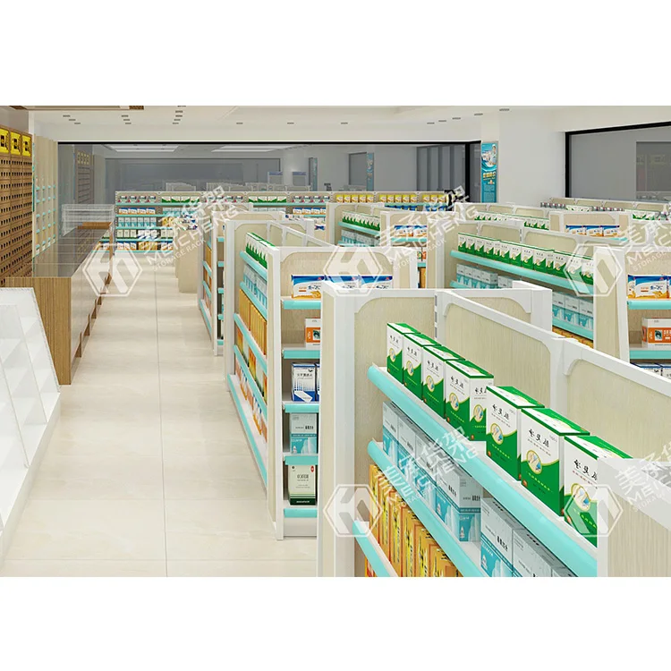 Meicheng Customized Pharmacy Shelves for Retail Pharmacy Shop Drugstore Interior Design Decoration