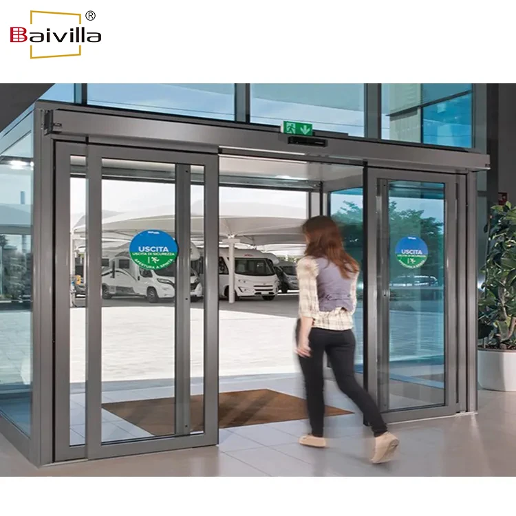 Exterior auto open close slide doors design modern commercial tempered glass smart automatic sensor sliding door system