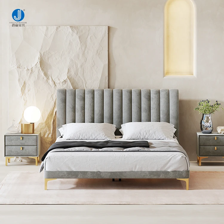 High End Bedroom Furniture Master Room Fabric Headboard Wooden Frame Stainless Steel Base Queen Size Double Bed