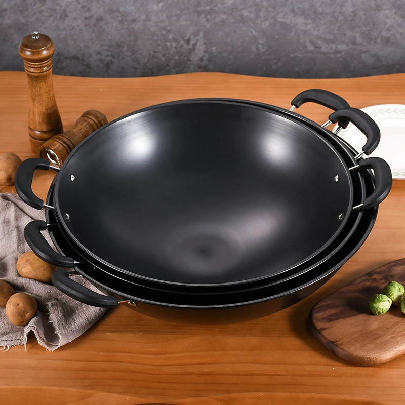 Professional Stainless Steel Black Uncoated Anti-Rust Non Stick Braised Pan And Refined Iron Double Handle Wok