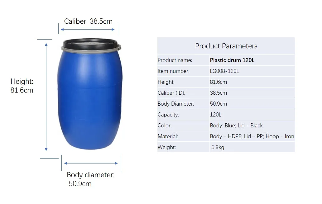 Large open mouth iron hoop 30L 60L 120L 200L blue plastic drum with ring lock