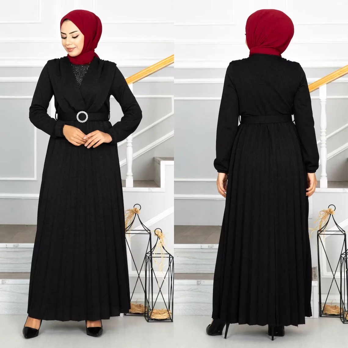 Hot sale high quality fashion womens long sleeves bel pleated islamic clothing muslim dresses