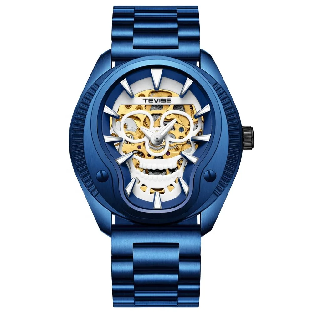 2019 fashion skeleton watch green skull luminous stainless steel leather band young men