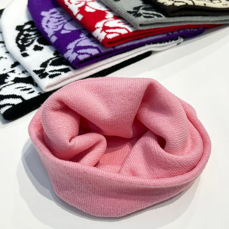 Low MOQ Custom Beanie Manufacturers All Over Print Jacquard Y2K Gothic No Cuff Fold Cuffless Winter Skull Cap Knit Hat with Logo