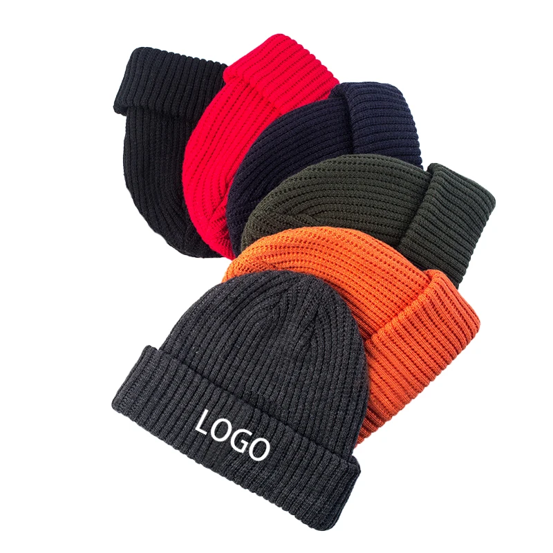 Custom knitted ribbed toque acrylic yellow orange green winter cap cotton woven label sport  beanie hat