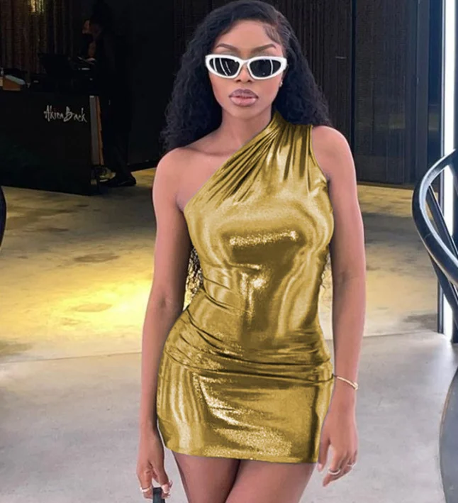 Sexy Club Party XS Short Bodycon Dresses Women 2023 Spring Casual Bright Sleeveless One Shoulder Metallic Color Slim Mini Dress