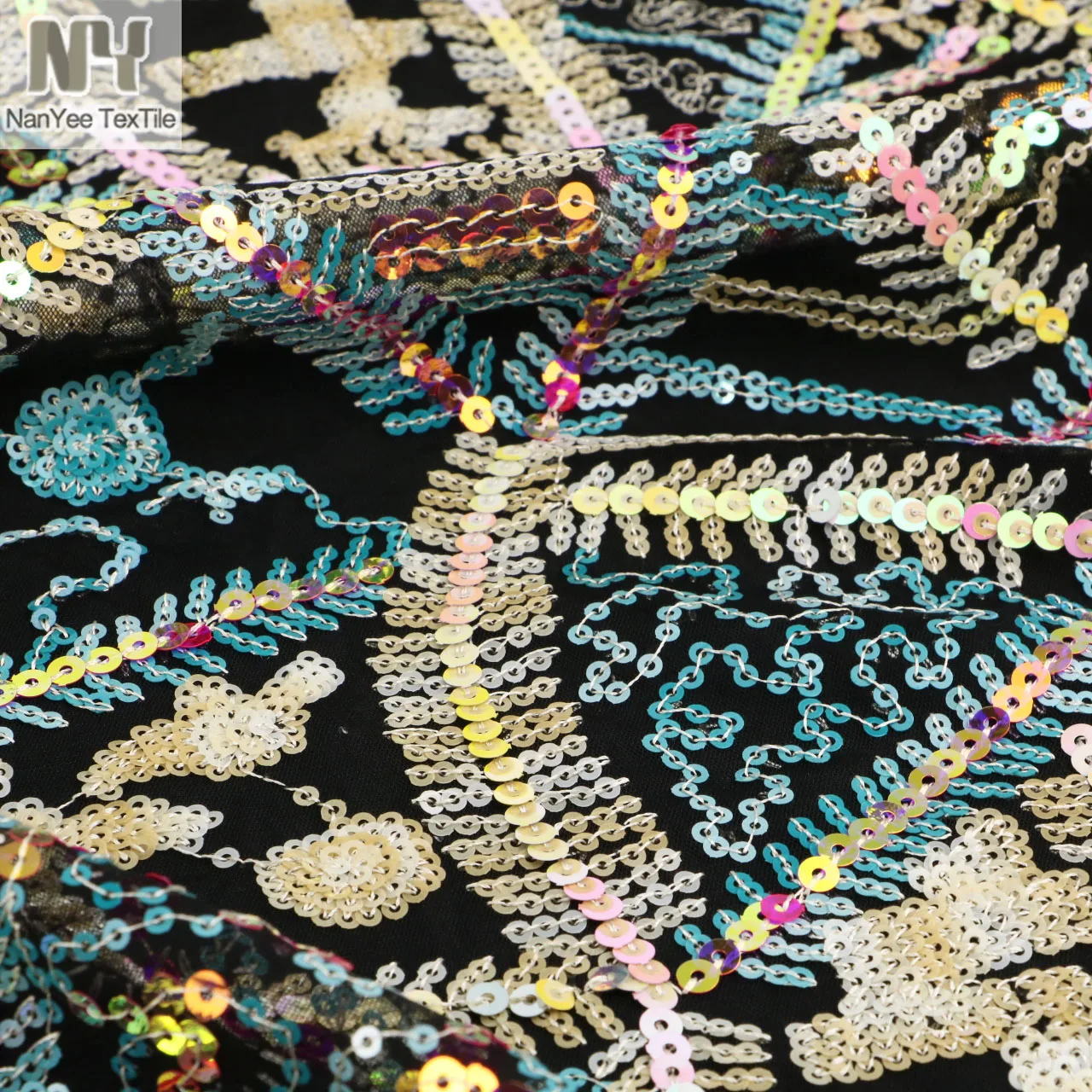 Nanyee Textile Ethnic Style Patchwork Bohemia Sequin Lace Fabric For Dress