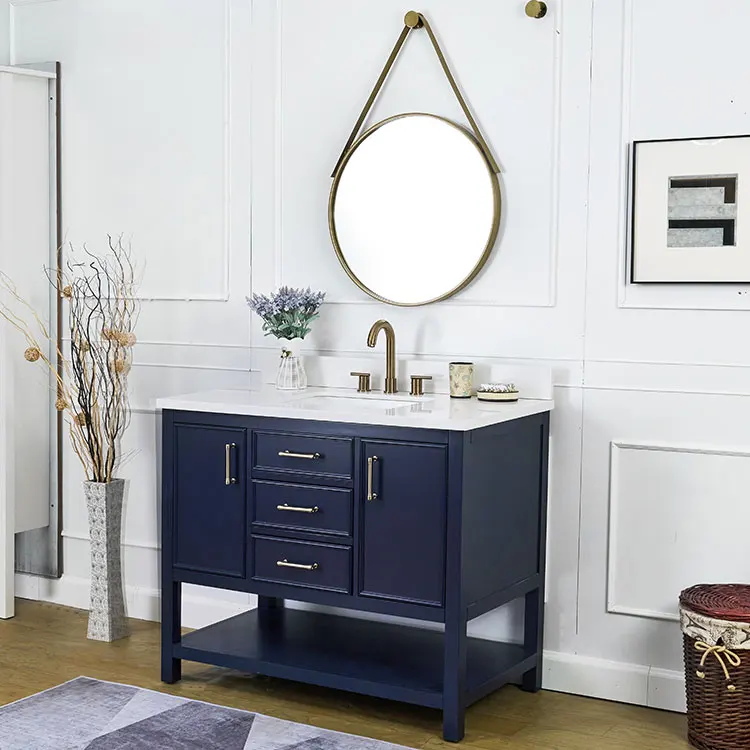 Высококачественный темно-синий туалетный столик 42 дюйма для ванной комнаты с керамической мраморной поверхностью, современный туалетный столик для ванной комнаты