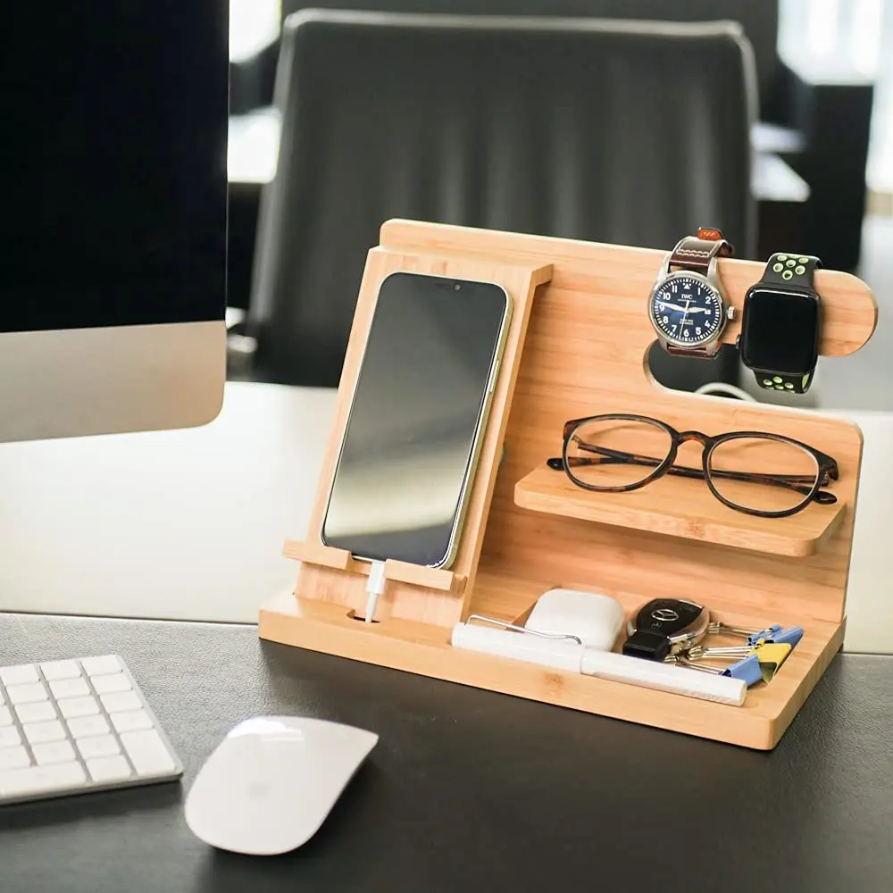 Multifunctional Bamboo Desk Phone Stand Office Desk Organizer Watch Holder