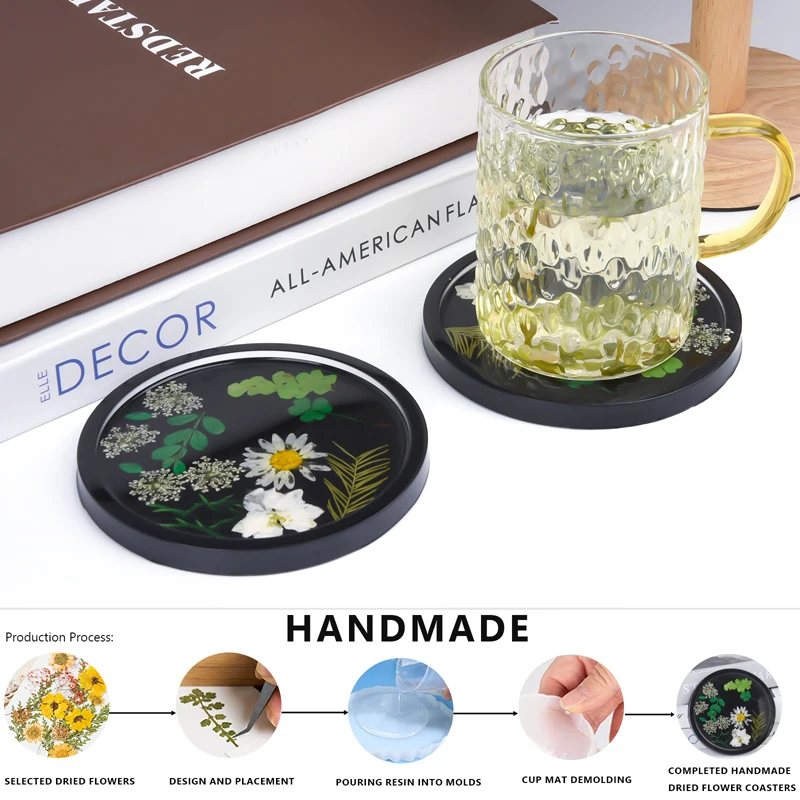 Real Flower Design Handmade DIY Epoxy Resin Round Cup Coasters Coffee Tea Mug Coasters Mats Pads