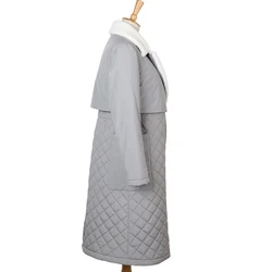 Long straight winter coat with rhombus pattern Casual sashes women parkas Deep pockets tailored collar stylish outerwear