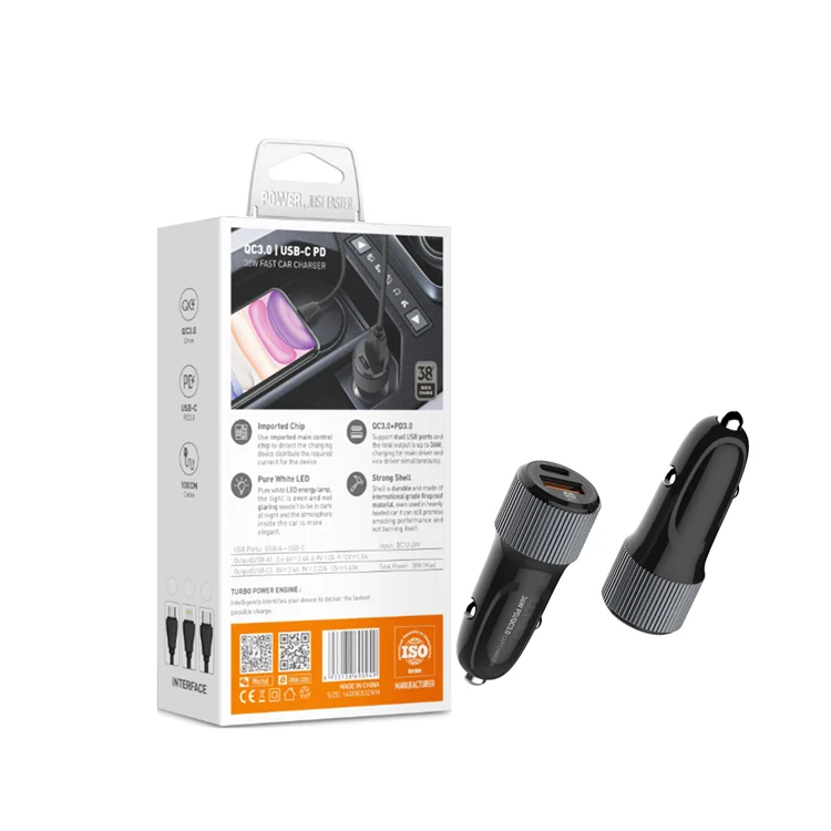 LDNIO C510Q PD+QC3.0 Quick Dual Port USB Car Charger With Type C Port Fast car Charger With Micro Cable 36W car charger adapter