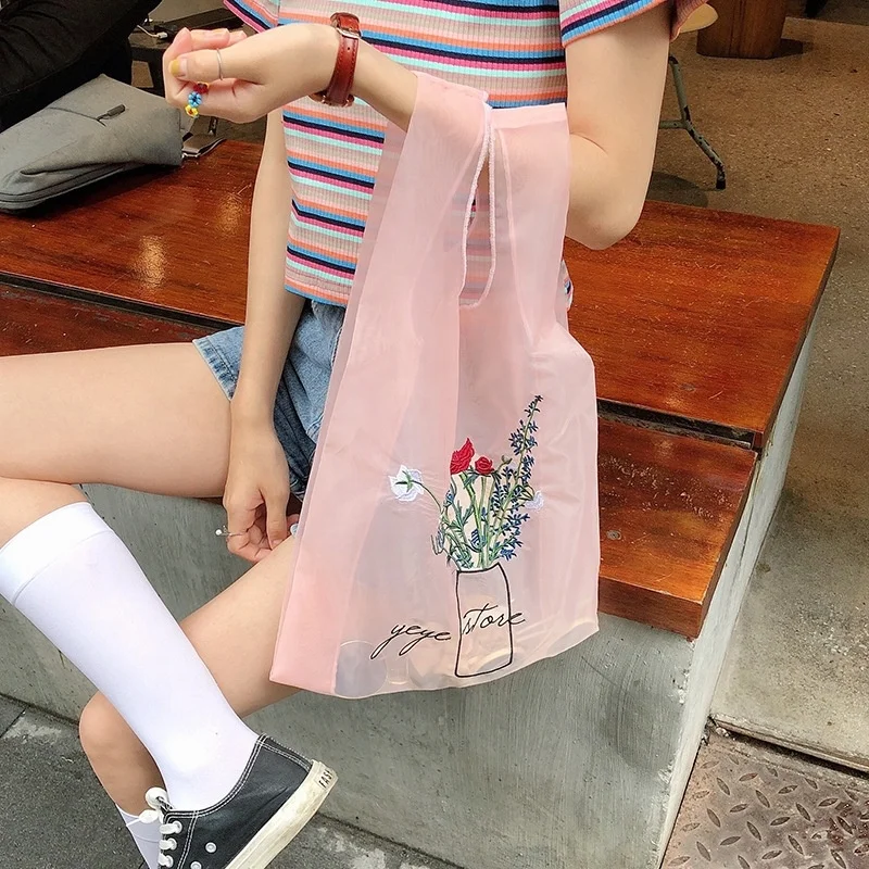 Custom Shopping Organza Tote Bag With Handle Mesh Organza pouch Shoulder Bag Organza Fabric Strong Tote bag For Shopping
