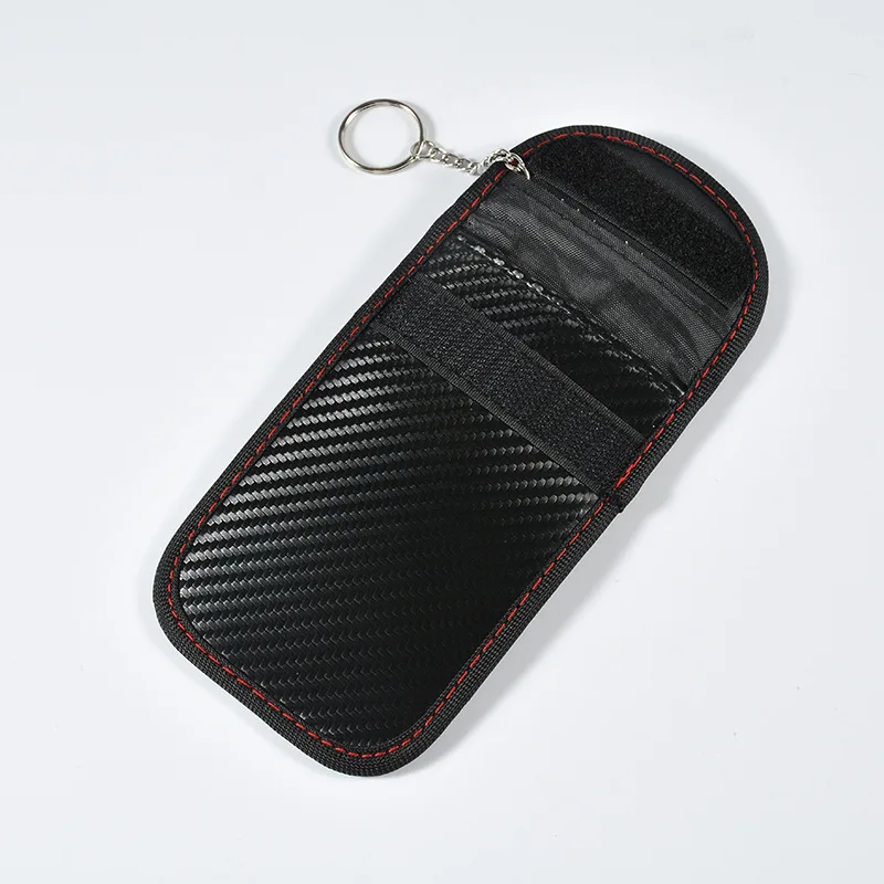 Carbon Fiber Leather RFID Car Key Signals Blocker Case with key hook keyless car theft Pouch Faraday car key bag