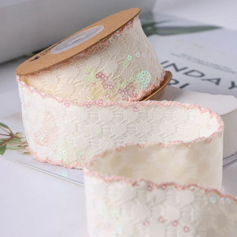 2023 new Korea style jacquard ribbon with small sequin for hair bows decoration new fashion embroidery sequin polyester ribbon