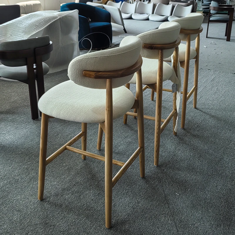 Nordic modern design bar stool high chair solid wood foot linen fabric restaurant chair for hotel dining kitchen