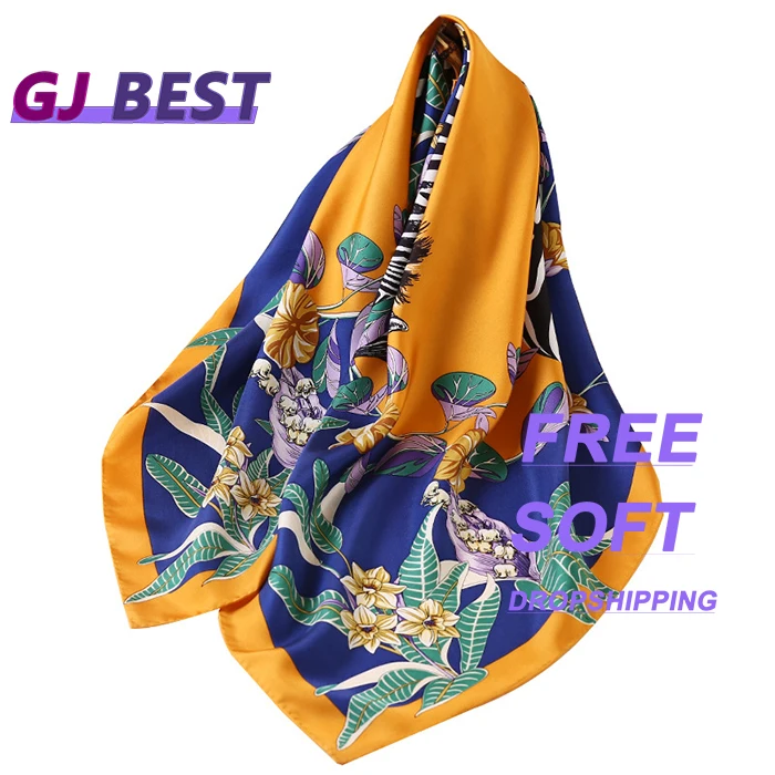 Новый стиль, Женский атласный шейный платок 90*90 см, индивидуальный цвет, цветочный принт, квадратный шарф