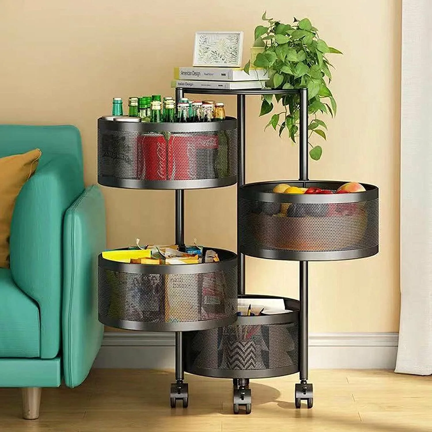 Kitchen Rack Circular Rotation Multi-Layer Storage Rack Vegetable Fruit Basket Storage Rack Plastic Rolling Storage Trolley Cart