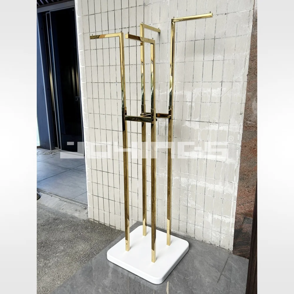 Island gold color stainless steel hanging clothes display stand in ladies garments shop
