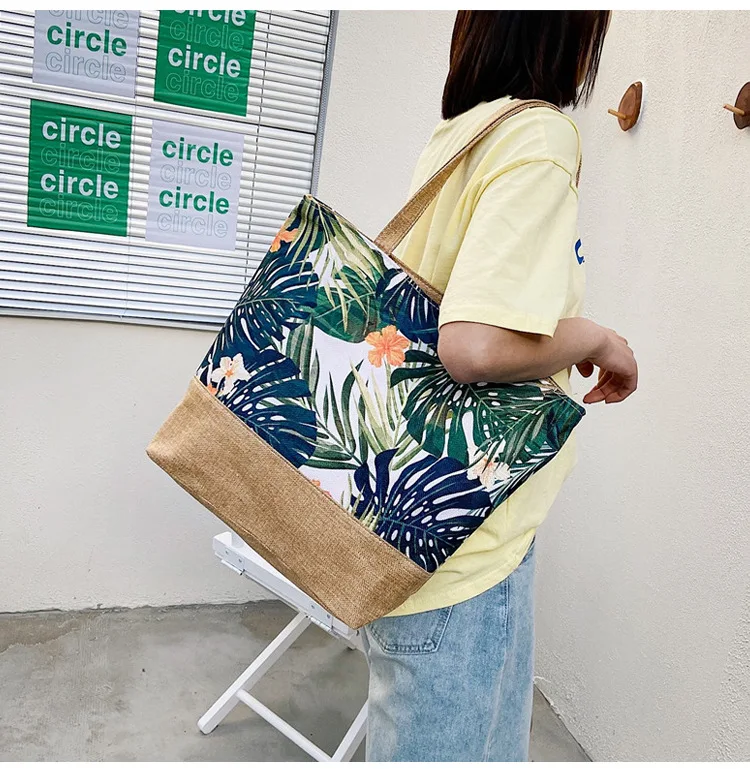 China Factory Canvas Gift Handbag Tropical Print Souvenir Tote Beach Bag