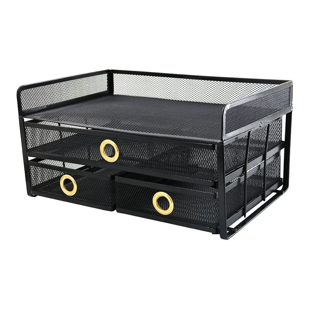 Office Desk Black Metal Wire Mesh 2 tiers Desktop file Organizer with 3 Sliding Drawers