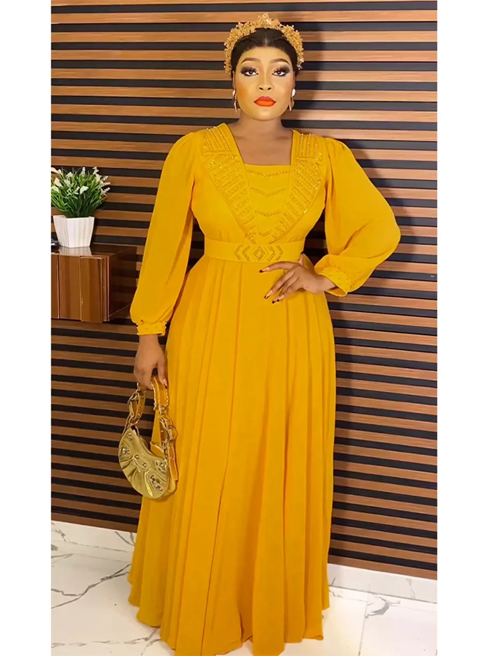 European and American women fashion beading casual maxi dress African Chiffon floor length skirt Embroidered Casual Dresses