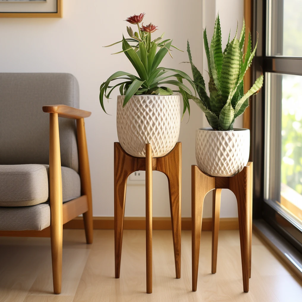 Home Indoor Solid Hardwood Oak & Walnut Wooden Adjustable Plants Stand Flower Pot Holder Wood Flower Rack Custom Wholesale