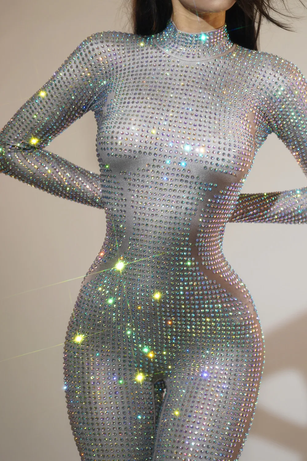 Sexy Long Sleeve One Piece Bodysuit Club Clothes Festival Outfit Gogo Dancer Costumes Party Rompers Rhinestone Jumpsuit Women