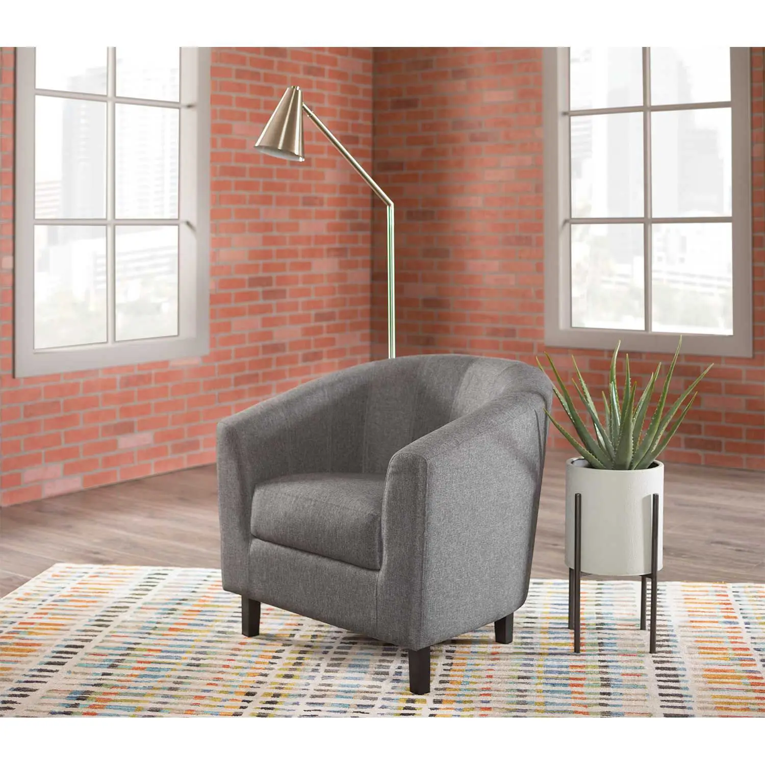 Современный стул с баррелью для гостиной, спальни, офиса, мягкое кресло для клубной ванны с круглыми дужками, прочные ножки, льняная ткань, серый цвет
