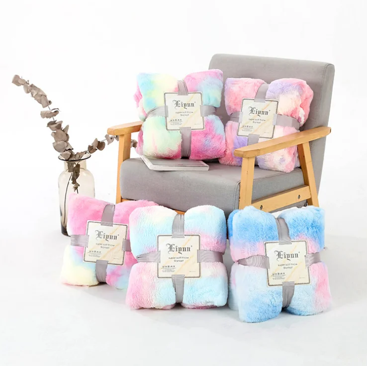 100% Polyester Fluffy Plush Mink Cashmere Pompoms Fleece New Kids Nap Rainbow Tie Dyeing Quilt Blanket -