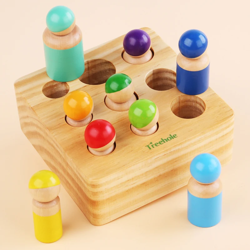 2021 Amazon Best Selling Montessori Wooden Toys Colorful Wooden Socket Villain Cylinder Play Set
