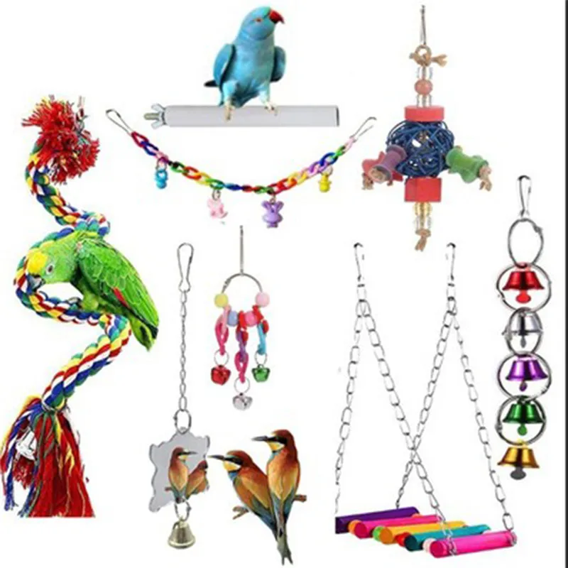 
8pcs Bird Swing Block Cotton Rope Chew Wooden Bird Toys For Parrots Hanging Bridge String With Bells Swing Multicolor Parrot Toy 