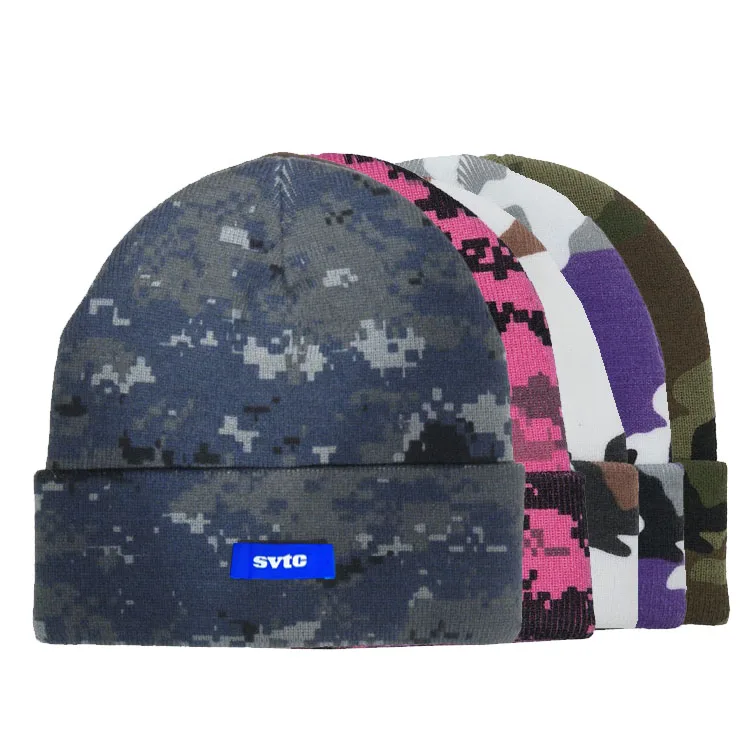 
Acrylic Blend Slouchy Cuff Woven Label Ski Cap, Skull Knitted camo beanie Hat, Custom Beanie military 