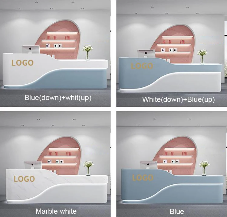 Custom Logo White And Blue Hotel Lobby Front Desk Reception Salon Reception Podium Desk