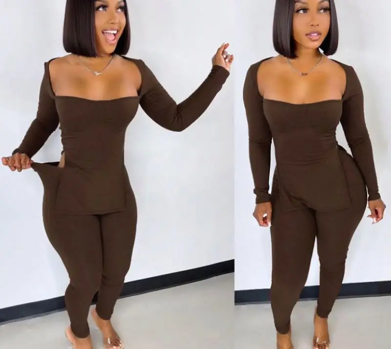 Новое поступление Европейский однотонный топ с квадратным вырезом и леггинсами сексуальный комплект из двух предметов для женщин