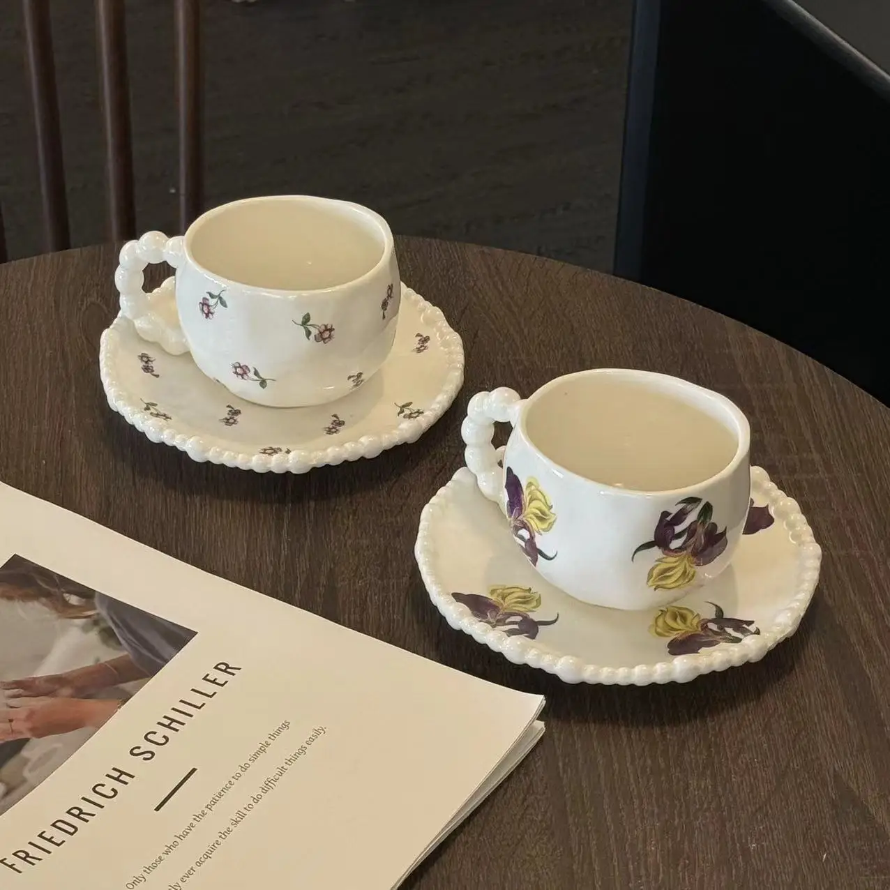 Lelyi French retro cute flower ceramic coffee cup and saucer creative afternoon tea pearl cup cake plate sets