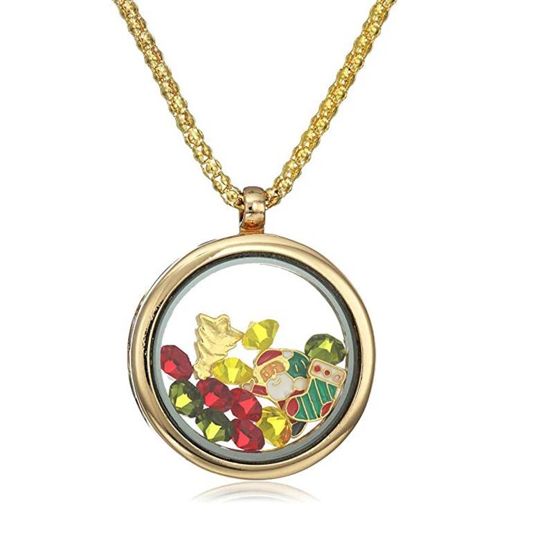 Fashion  Gold Alloy Round Pendant with Multi-Color Simulated Gemstones Charms Locket Necklace