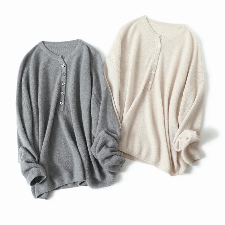 YT Cashmere Female V-neck Placket-front Knitted Pullover with Buttons Women Sweater OEM Service 100% Pure Full Standard Adults
