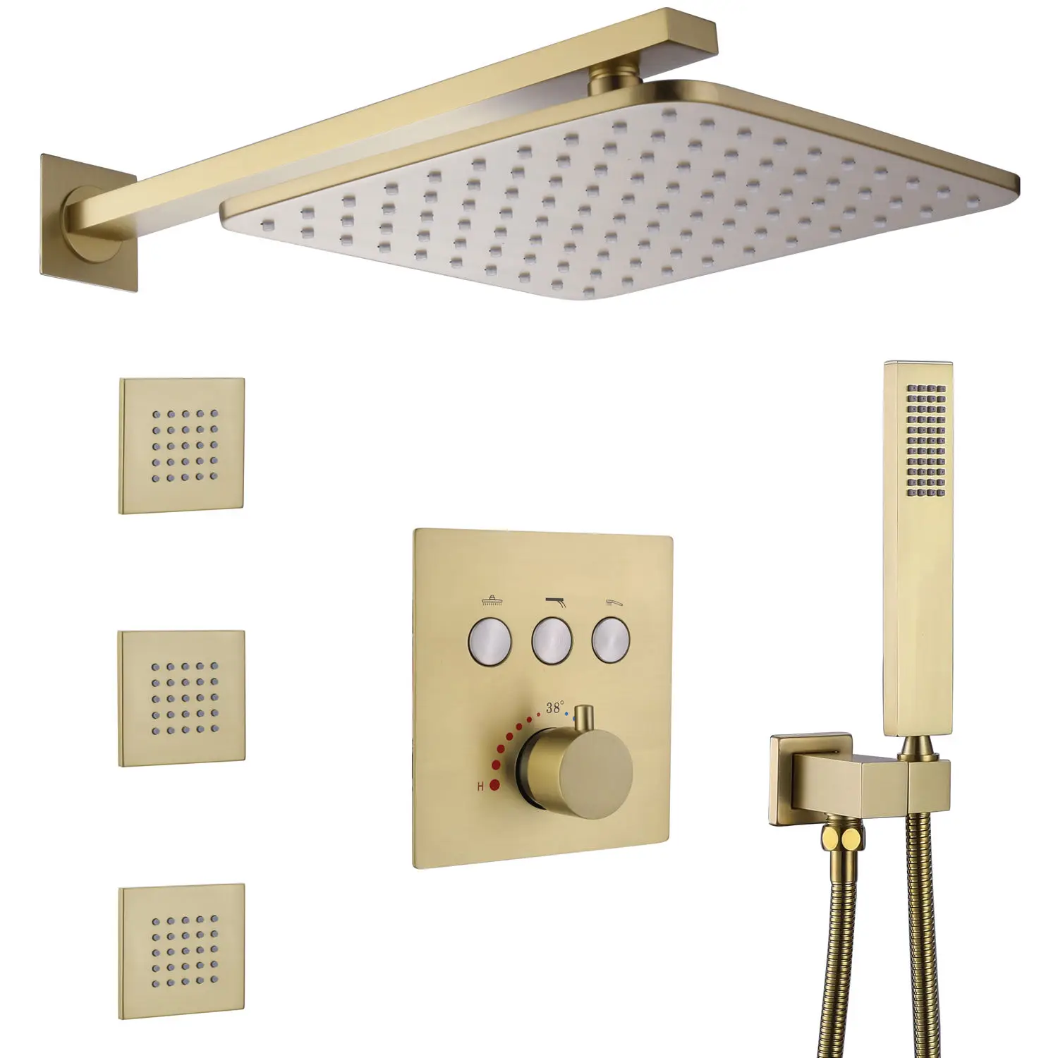 Luxury Modern Square Concealed Brass Bathroom Thermostatic Shower Set Brushed Gold Rainfall Ceramic Valve Core Rain Jet