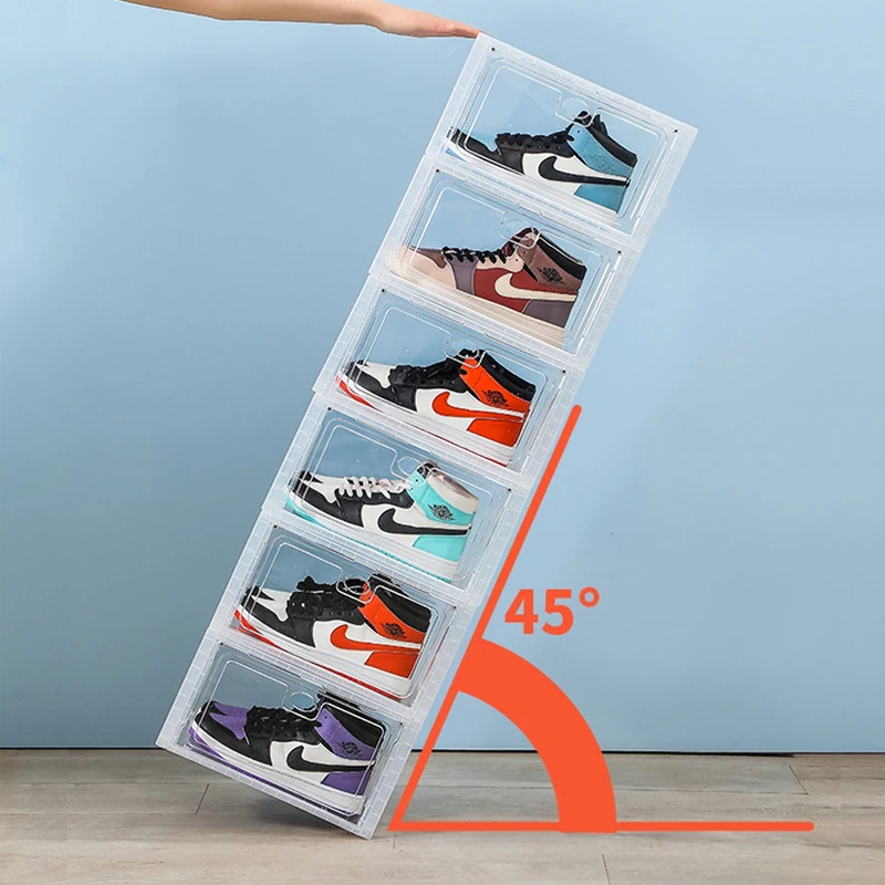 Stackable Foldable Front/Side Open Shoe Storage Box with Clear Magnetic Door Large Plastic Sneaker Organizer Display Case