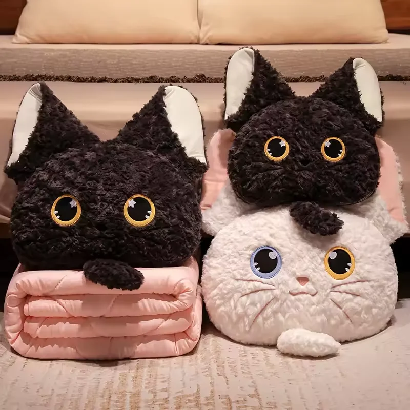 40CM Devon Rex Black white cat cushion pillow 2-in-1 blanket Car Summer thin warm quilt Stuffed & Plush Toys