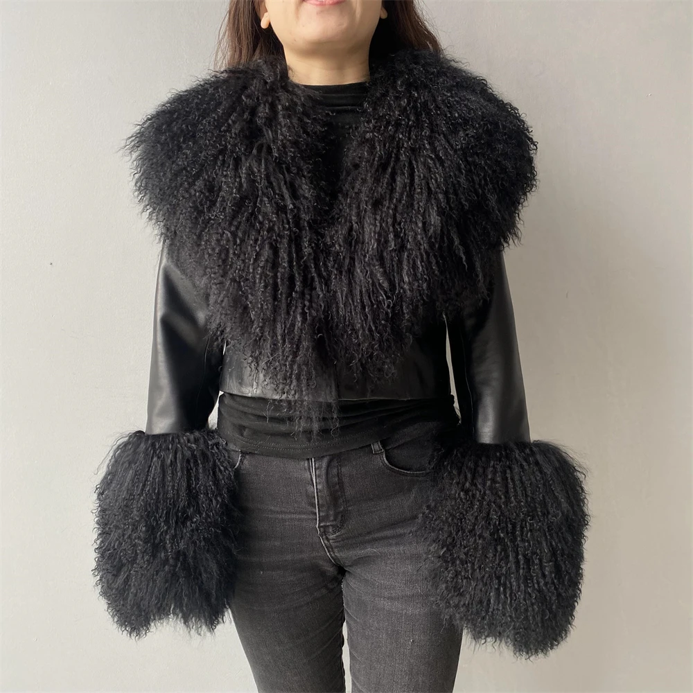 Soft Fall Spring Women Cropped Sheepskin Coat Motorcycle Real Mongolian Lamb Fur Collar Ladies Luxury Genuine Leather Jackets
