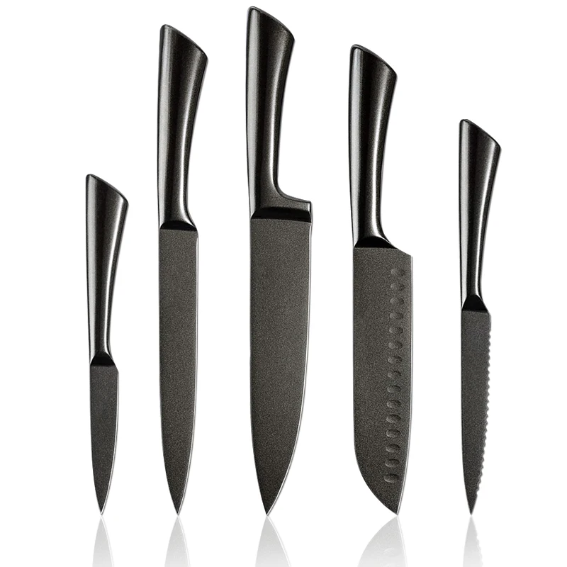 Super sharp 5pcs Hollow Handle black coating Kitchen Knife set Stainless Steel chef Knives Set