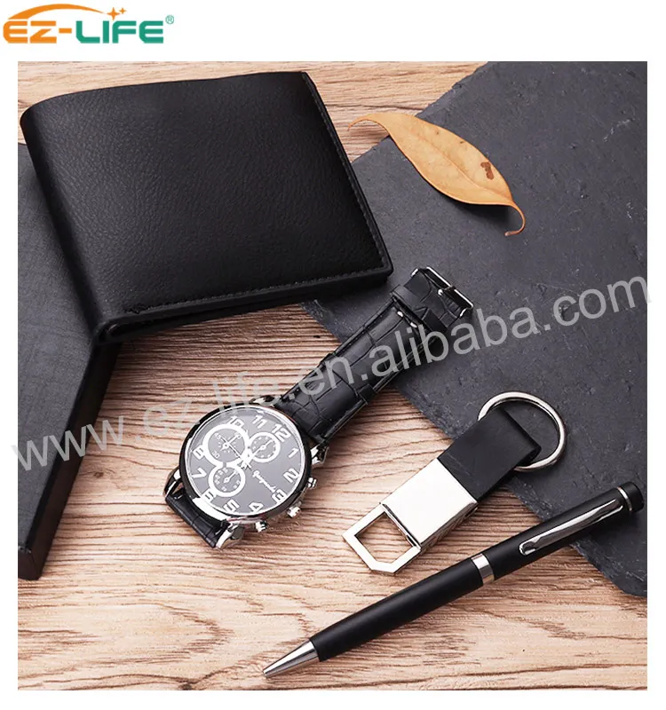 2021 New Design Premium Business Gift Set Pen  Promotion father gifts with Black Watch Keychain Wallet and Pen for father man