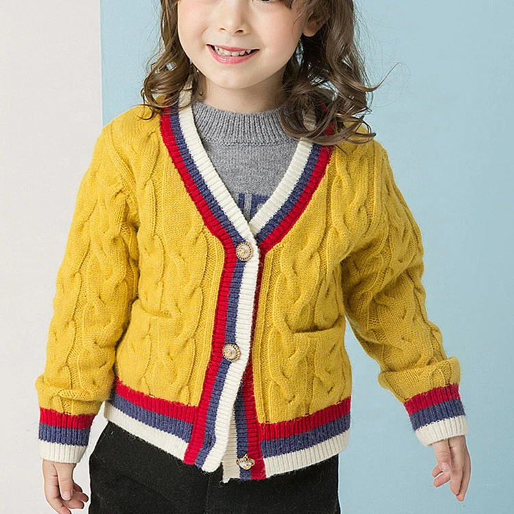 Органический вязаный свитер с V-образным вырезом на пуговицах для младенцев полосатый вязаный свитер для маленьких девочек с карманами